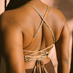 Close up of bikini top with a tied-up back